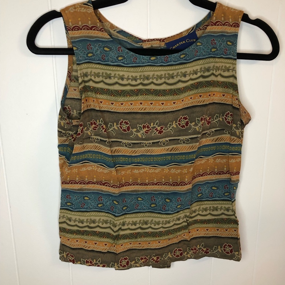 Charter Club Striped Floral Sleeveless Crop Top in Blue, Mustard & Olive Size 4